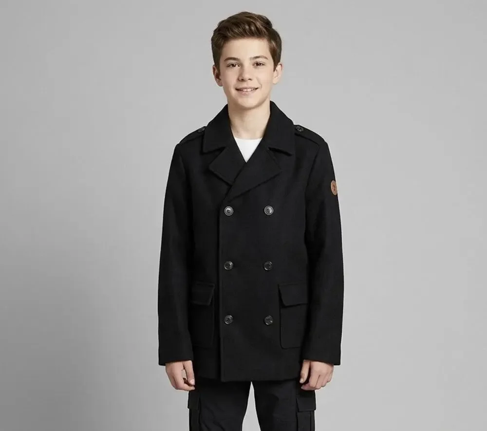 B by Brooks Brothers Boys Black Wool Blend Double Breasted Pea Coat Size 16Y